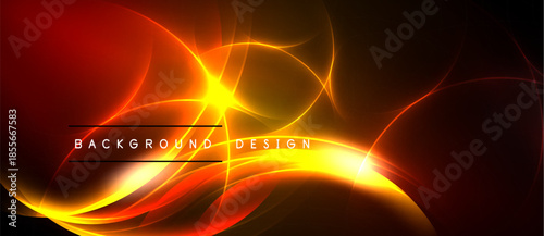 Dynamic abstract design. Bright orange, red glows radiate from center. Dark background enhances luminosity, creating energy.