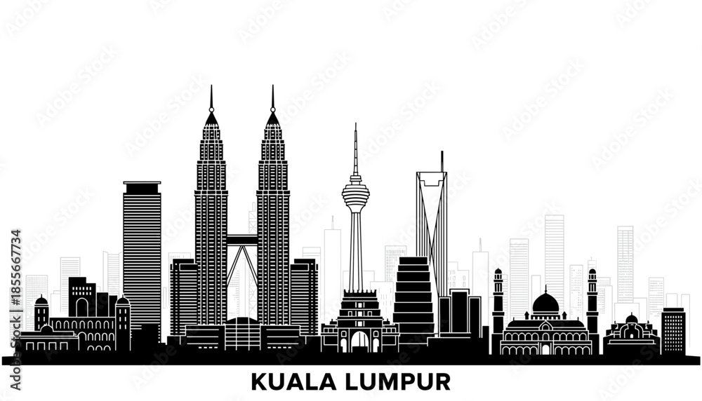 Obraz premium A black and white silhouette of the Kuala Lumpur skyline, featuring iconic skyscrapers and landmarks.