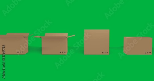 Animation of multiple cardboard boxes opening and moving on white background