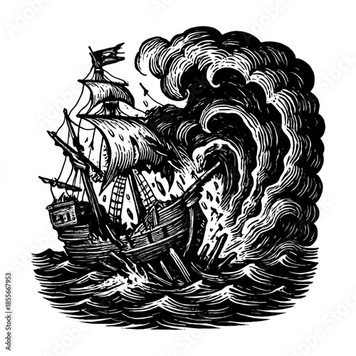 Vintage engraving of shipwreck in stormy seas with sails torn and ocean waves surging.