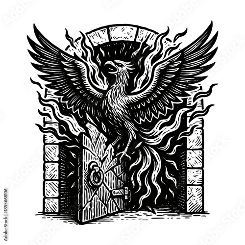 Mythical phoenix rising from flames in gothic archway.