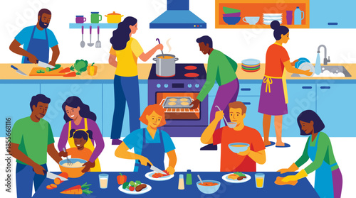 A vibrant illustration of a diverse group of people cooking, eating, and socializing together in a modern kitchen, highlighting community and shared meals.