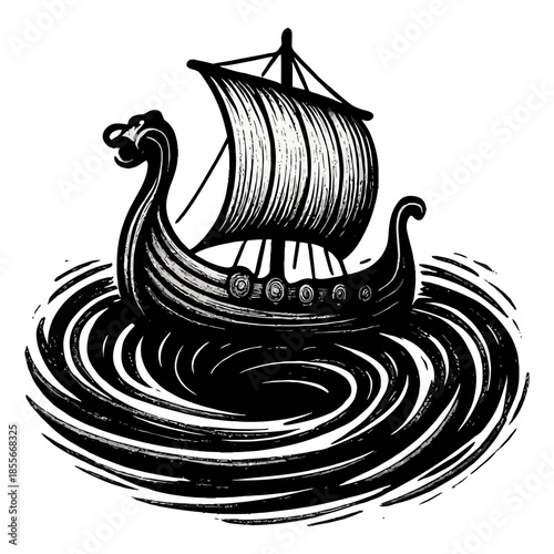 Vintage viking longship engraving with iconic dragon head and billowing sail.