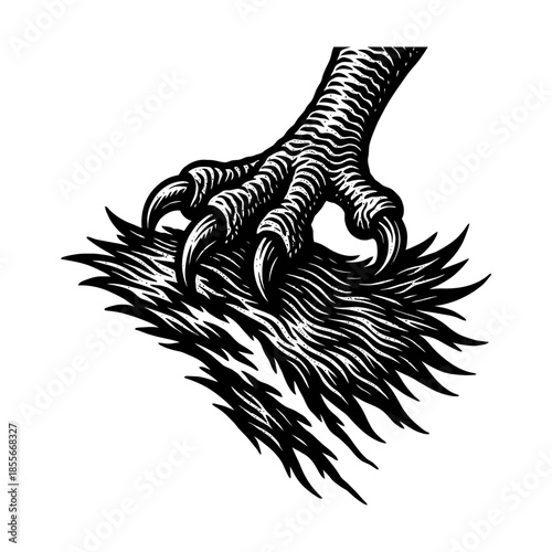 Detailed eagle claw grasping textured surface in black and white.