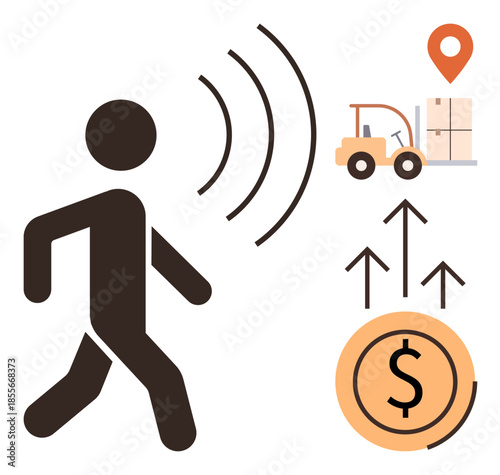 Person walking with wireless signals nearby forklift, warehouse, and rising monetary gain arrows. Ideal for technology, automation, logistics, e-commerce, innovation, tracking economic growth