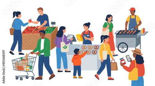 A vibrant outdoor market scene with diverse people shopping for fresh produce, grilled food, and pretzels.