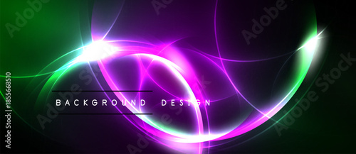 Abstract neon swirls, vibrant colors blend. Dark background emphasizes glowing lines, creating dynamic visual effect. Modern design element.