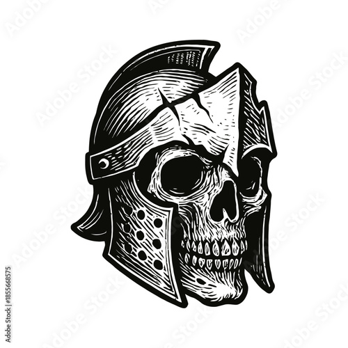 Intricate skull in roman gladiator helmet illustrates ancient warrior spirit.