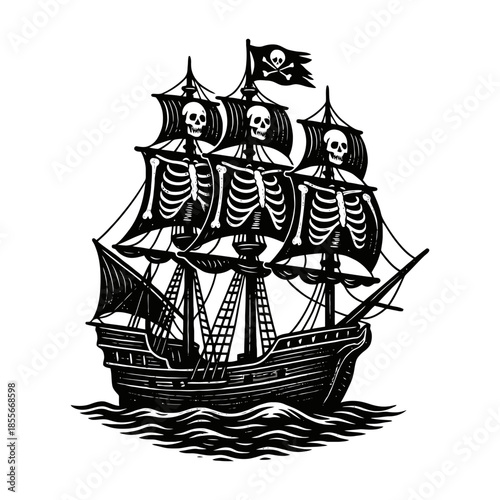 Black pirate ship with skull sails on rough seas in detailed illustration.