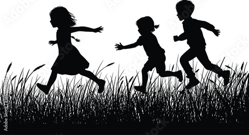Running children, silhouette pose, tall grass, playful motion, outdoor energy, vector kids, black shapes, expressive stance, nature activity, childhood freedom