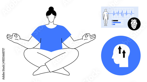Mental health concept. Mental health practices thumbs up meditation and mindfulness . Brain activity and heart health illustrated for awareness. For wellness, healthcare, fitness apps, stress relief