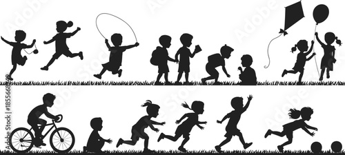 Children silhouette, outdoor play, kids activities, childhood fun, grassy field, running, biking, reading, kite flying, balloon holding, social interaction, exercise