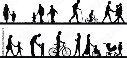 Family, park, silhouettes, people, walking, cycling, pushing, stroller, wheelchair, caring, parents, children, grandparents, outdoor, leisure, lifestyle, community, support, togetherness, concept