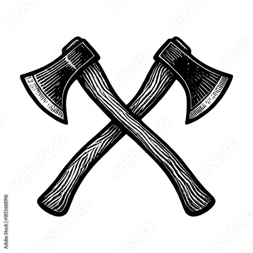 Vintage crossed axes illustration with detailed wood texture.