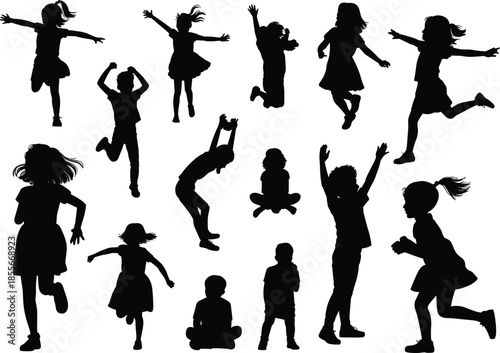 Children jumping silhouettes collection happy kids playing dancing celebrating freedom energy black icons isolated childhood vector illustration