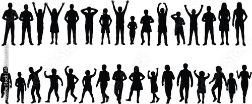 Silhouetted people, diverse poses, standing figures, dancing motion, expressive stance, vector crowd, black shapes, posture variety, human form, activity art