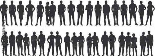 People silhouette lineup collection, men and women standing together, casual poses, human diversity, crowd formation, isolated on white background, vector illustration