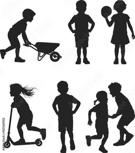 Children silhouette activity set, kids playing outdoor games, pushing wheelbarrow scooter running teamwork childhood illustration isolated white background