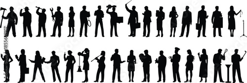 Professional occupation silhouette collection, workers and careers, tools and uniforms, men women jobs, workforce diversity, isolated on white background, vector illustration
