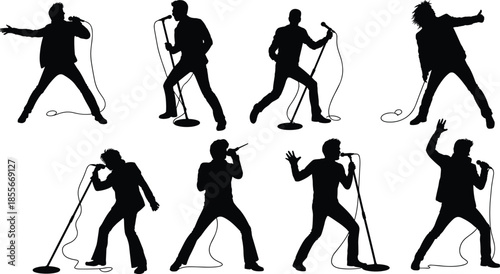Singer silhouette poses, microphone cord motion, expressive performance, black vector art, stage energy, vocal gesture, minimal design