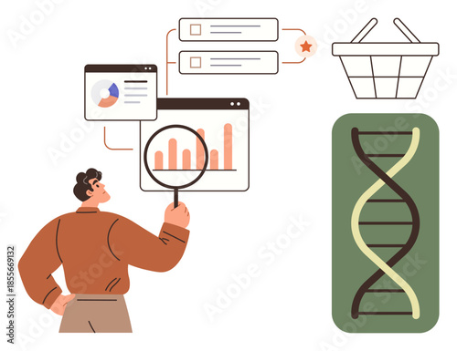 Man examining data charts with magnifying glass, connected e-commerce elements, and DNA strand. Ideal for data analysis, genetic research, e-commerce, innovation, technology, science and business