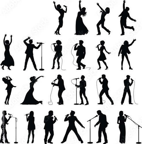 Singers and dancers silhouettes set, male and female performers with microphones, stage performance, music concert, black vector illustration