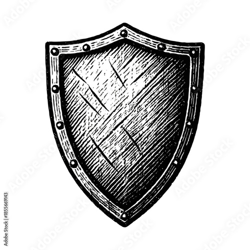 Hand-drawn engraved medieval shield illustration with rivets.