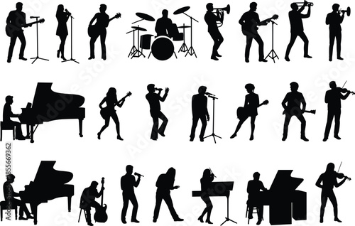 Musician silhouette, musical instruments, performance art, black figures, white background, diverse ensemble, singing, guitar, piano, drums, violin, trumpet