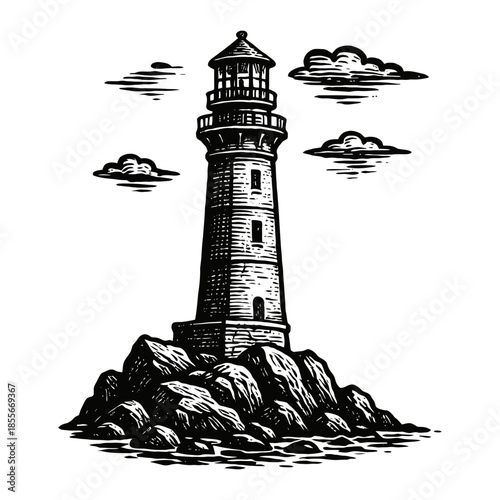 Vintage lighthouse on rocky shore with dramatic clouds in monochrome.