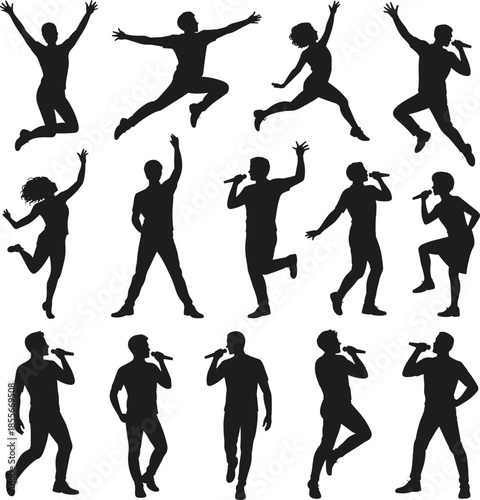 Performer silhouette set, singing dancing jumping poses, microphone gestures, black vector art, stage energy, expressive motion, minimal design