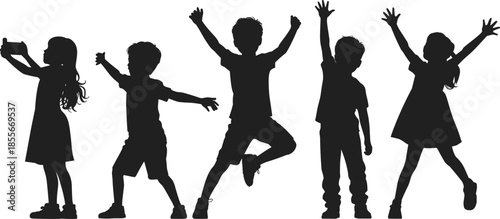 Children silhouette, playful kids, black figures, white background, joyful pose, dynamic movement, social interaction, childhood fun, expressive gesture, standing stance