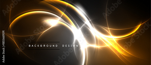 Abstract design features glowing curves, bright lines. Dark background enhances luminosity, creating dynamic visual effect.