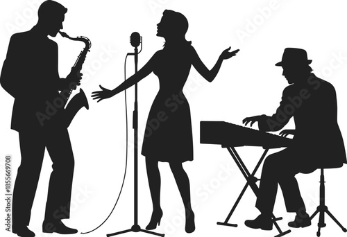 Musical trio silhouette, live performance, black figures, white background, saxophone player, singer pose, keyboardist seated, expressive gesture, concert vibe, band setup