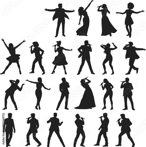 Singer and dancer silhouette collection, men and women performing, singing, dancing poses, stage performance, music show, entertainment, isolated on white background