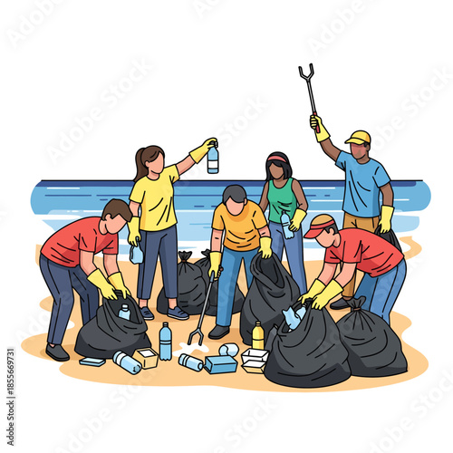 Volunteers Cleaning Up Plastic Trash on Sandy Beach Environment Vector
