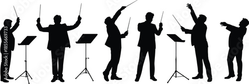 Marching band silhouette, musical ensemble, black figures, white background, instrument diversity, dynamic pose, live performance, expressive gesture, parade energy, music procession
