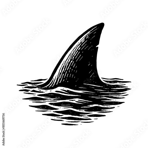 Vintage shark fin illustration in rippling ocean waves.