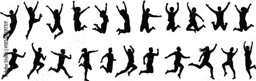 Jumping silhouettes, expressive pose, midair movement, celebration gesture, vector people, black shapes, dynamic stance, joy vibe, dance energy, athletic motion