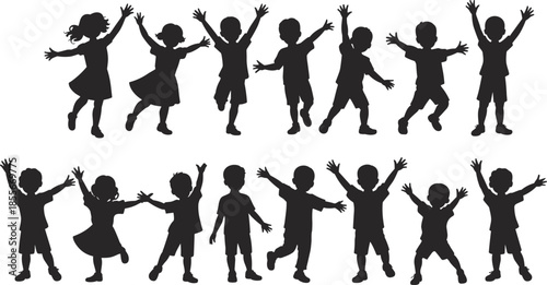 Children silhouette, joyful kids, playful posture, black figures, white background, dancing pose, jumping gesture, holding hands, expressive movement, childhood fun