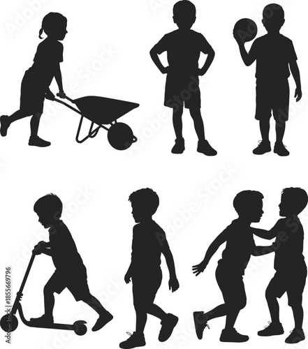 Children,silhouettes,playing,with,wheelbarrow,ball,and,scooter,active,kids,running,walking,on,white,background,black,vector,illustration,childhood,activity
