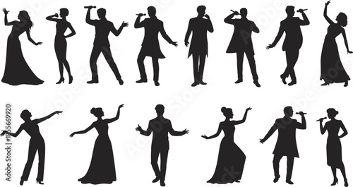Singers silhouette collection, men and women performing with microphones, stage performance poses, music concert and entertainment concept, isolated on white