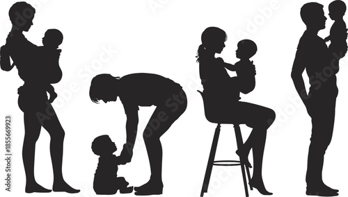 Parent child silhouette, caregiving interaction, nurturing moment, baby holding pose, toddler support, family bond, vector art, emotional
