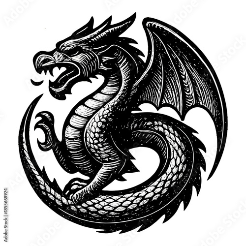 Vintage black and white engraved dragon illustration with detailed scales and wings.