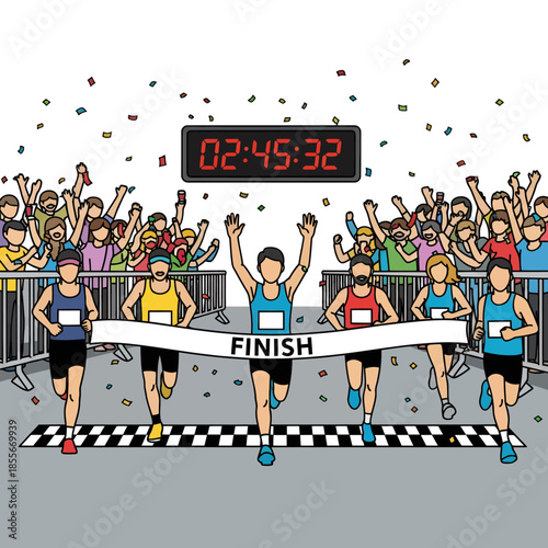 Marathon Runner Crossing Finish Line with Cheering Crowd and Timer Vector