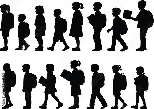 School children silhouettes, walking standing poses, book backpack figures, black vector art, educational theme, student motion, minimal design