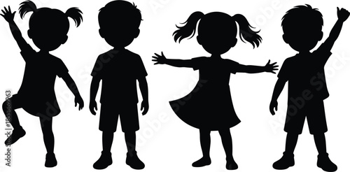 Children silhouette, expressive kids, playful posture, black figures, white background, boy and girl, standing pose, gesture art, childhood motion, individuality