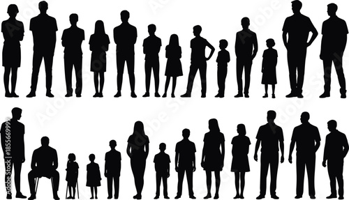 Large, group, of, people, silhouettes, family, adults, and, children, standing, together, community, unity, generation, diversity, relatives, friends, crowd, teamwork, concept