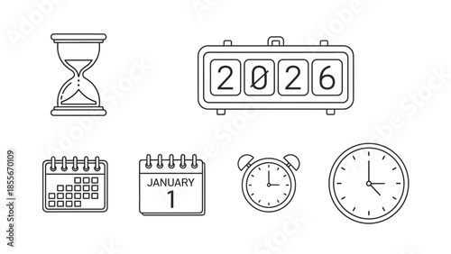 Set of simple outline icons representing various time management tools like an hourglass, flip clock displaying two thousand twenty-six, calendar pages, and analog alarms