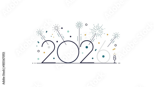 Stylized graphic design celebrating the upcoming new year transition to 2026 featuring minimal fireworks and a champagne flute icon