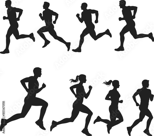 Running people silhouettes set male and female runners jogging sprinting fitness training isolated on white background vector illustration